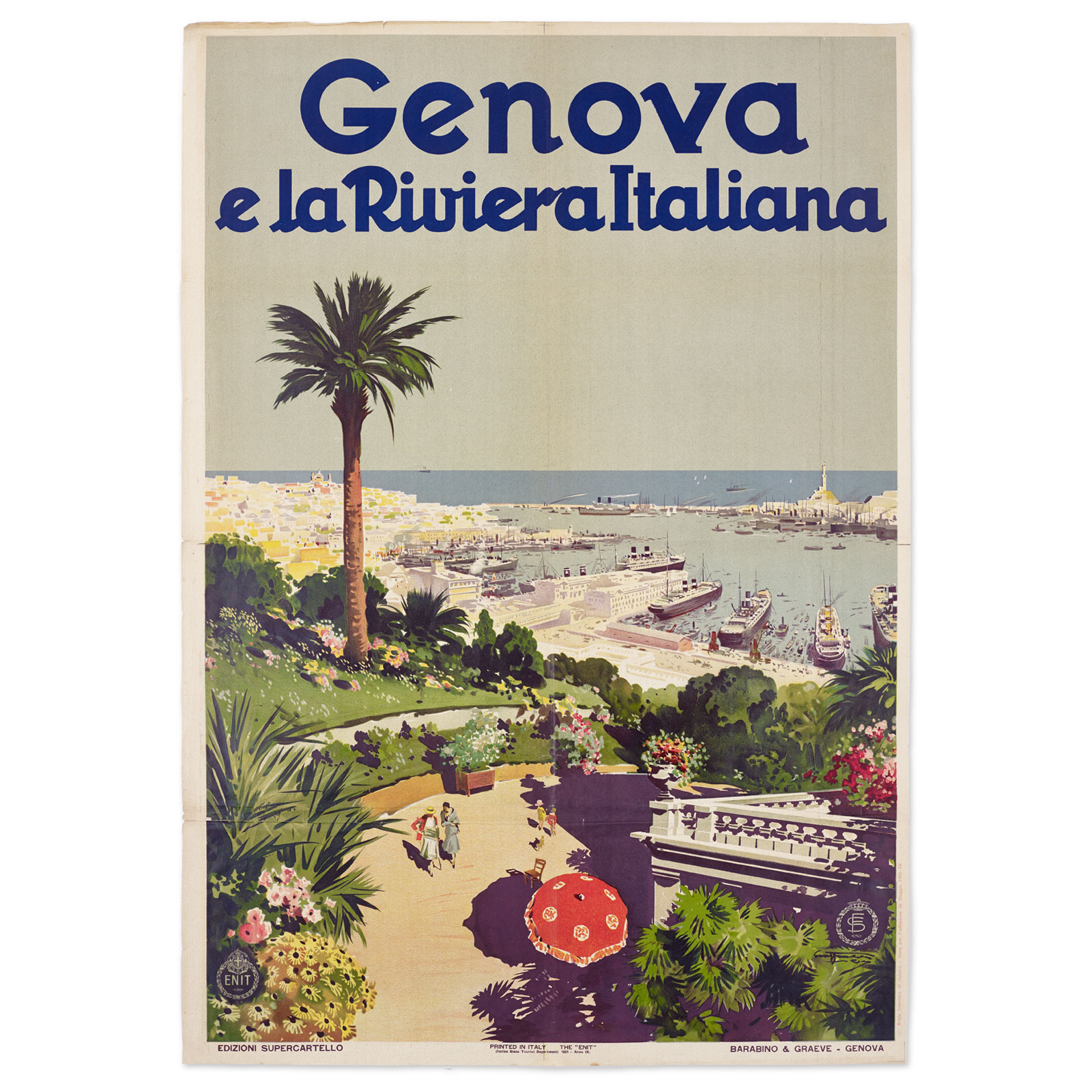 Poster, Genova e la Riviera Italiana [Genoa and the Italian Riviera], 1931 Aurelio Craffonara (Italian, 1875–1945), designer ENIT (Ente Nazionale Italiano per il Turismo), Rome, publisher Barabino & Graeve, Genoa, printerOffset lithograph 39 1/2 x 27 1/2 in (100.3 x 69.9 cm) The Wolfsonian–FIU, The Mitchell Wolfson, Jr. Collection, XX1990.3172